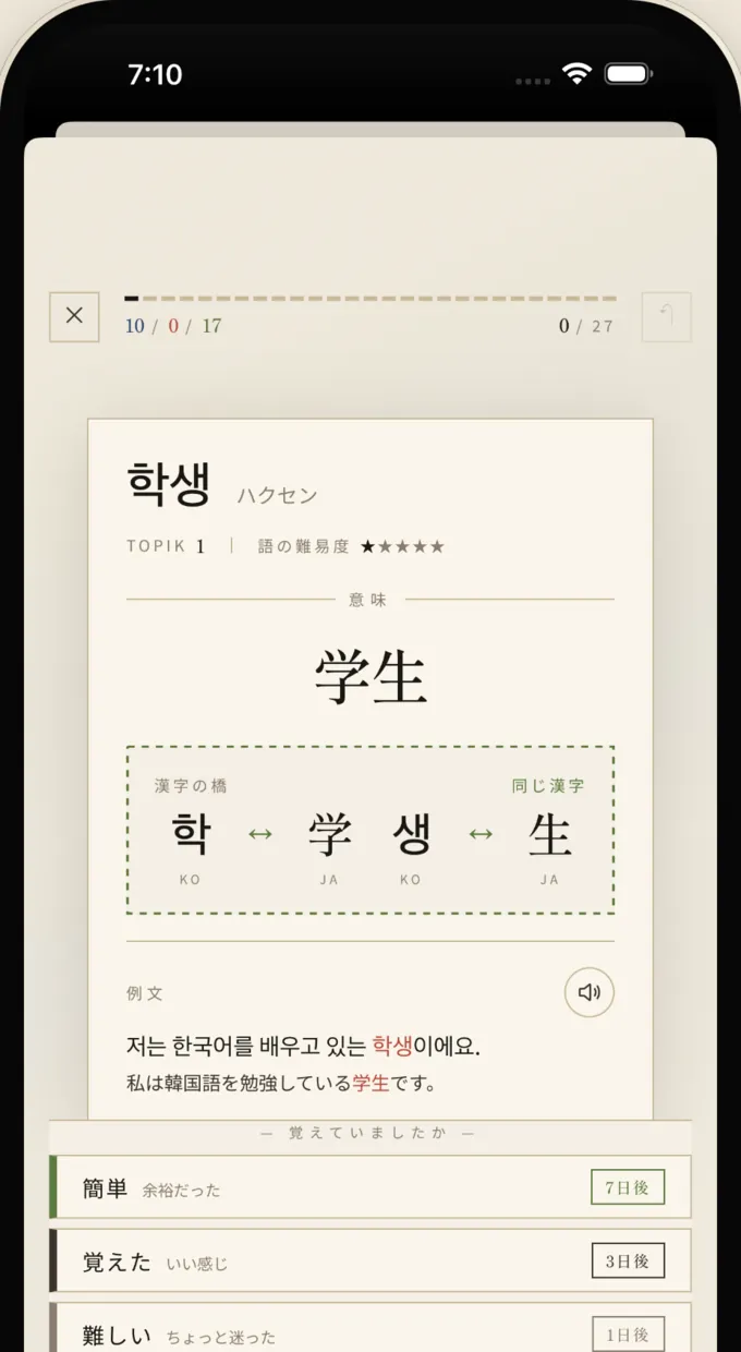 学生（학생）のカード。학と学、생と生の対応を示す漢字の橋、例文、評価ボタンが並ぶ画面